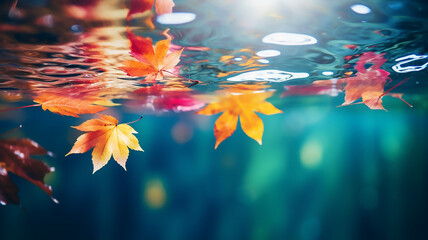 Colourful fall leaves in pond lake water, floating autumn leaf, Generative AI