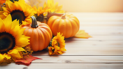 Autumn composition with pumpkins and sunflowers on white wooden table with bokeh background, generative AI