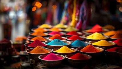 Viele bunte Holyfarben am Bazar in der Schale sortiert für den Verkauf im Querformat, ai generativ