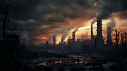 An eerie twilight over an industrial site with billowing smokestacks and polluted air.