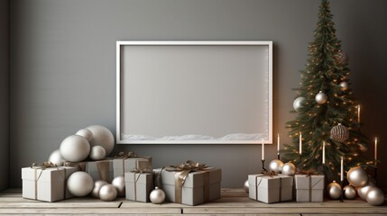 An elegant Boxing Day wall mockup with wrapped gifts and a silver frame, evoking the joy of post-Christmas festivities.