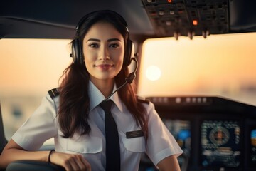 Asian Woman Airline Pilot Professional Background Generative AI