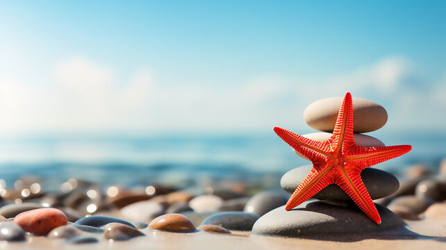 Zen stones and red starfish on the beach with blue sky background, Holidays, Summer, Vacations, Blurry background, Generative AI