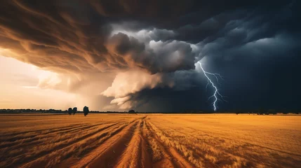 Fotobehang A thunderstorm, its powerful bolts of lightning piercing the sky, casting a stark contrast over a vast open field below. The image captures the raw energy and majesty of nature. © Brian