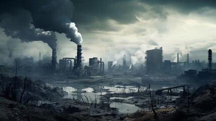 An industrial area with billowing smokestacks and polluted air, illustrating the sources of air pollution.