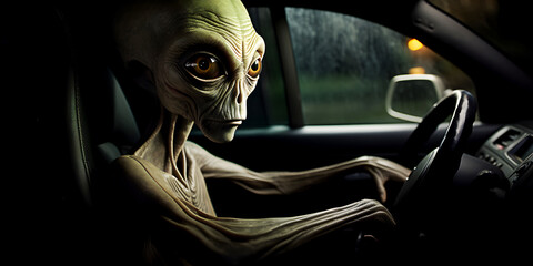 Closeup image of concentrated alien creature driving a car outside the city - obrazy, fototapety, plakaty