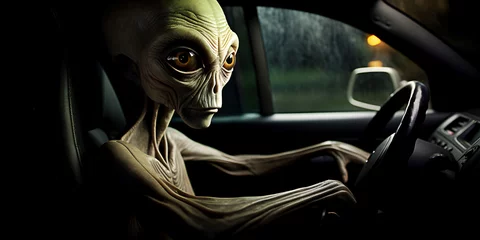 Gordijnen Closeup image of concentrated alien creature driving a car outside the city © Bonsales