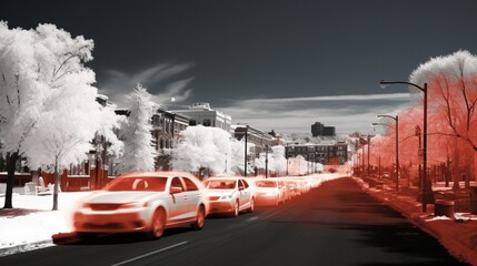 An infrared panorama displaying the heat emissions from an array of vehicles, underlining the contribution of transportation to urban thermal pollution.