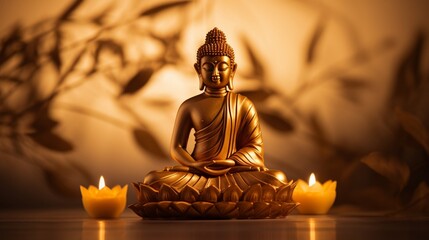 An intricately carved golden Buddha figure, gleaming in soft candlelight.