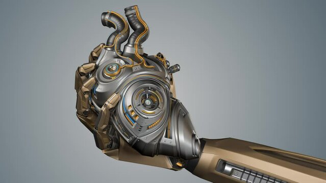 Robotic arm holds detailed artificial heart or metallic hand shows cybernetic organ with moving gear and pistons. 3d rendering animation isolated on color background with alpha