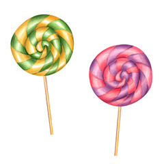 Multicolored spiral lollipops. Ornament of yellow and green stripes, pink and purple stripes. Bonbons with striped swirls, sugar caramel on stick. Watercolor illustration for stationery, candy shop