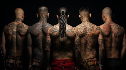 A man with yakuza style tattoos. dangerous people, concept: mafia and criminal gangs in Japan. - obrazy, fototapety, plakaty