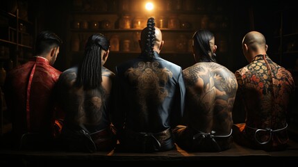 A man with yakuza style tattoos. dangerous people, concept: mafia and criminal gangs in Japan.
