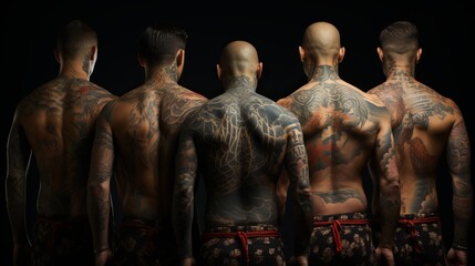 A man with yakuza style tattoos. dangerous people, concept: mafia and criminal gangs in Japan. - obrazy, fototapety, plakaty