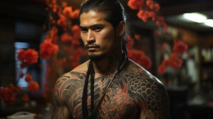 Foto op Aluminium A man with yakuza style tattoos. dangerous people, concept: mafia and criminal gangs in Japan. © Marynkka_muis