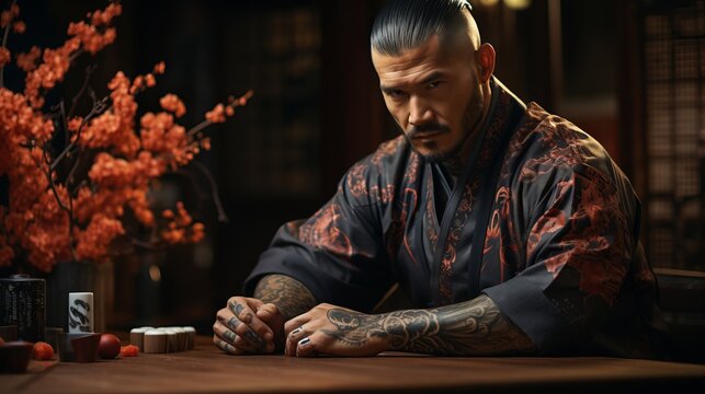 A man with yakuza style tattoos. dangerous people, concept: mafia and criminal gangs in Japan.