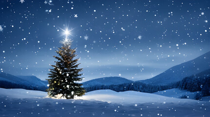 Christmas tree - Starry Christmas Night: A Snowy Forest Landscape with Twinkling Snowflakes