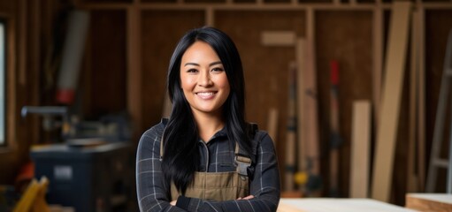 Asian Woman Carpenter Job Lifestyle Background Generative AI - obrazy, fototapety, plakaty