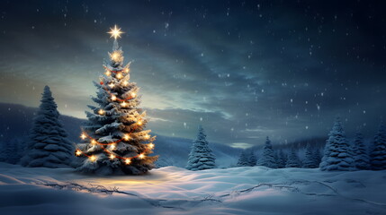 Xmas Celebration: A Snowy Night Scene with a Decorated Christmas Tree