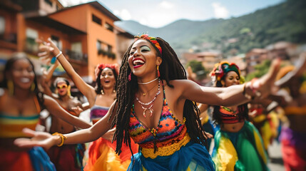 Colombian woman dancing at street carnival, Cartagena, Colombia, Latin American culture, Caribbean life, local tradition