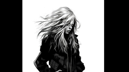 modern woman with hair blowing in the wind, black white colors as banner illustration