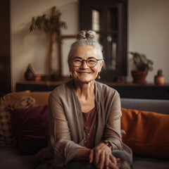 Cute senior woman with gray hair and glasses, smiling and sitting on her sofa at home, grandmother