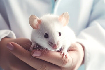 white mouse in hands, pet care concept