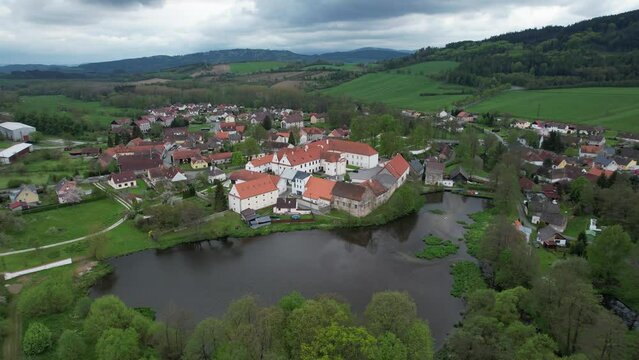 Hradek historical medieval castle in Hrádek village, Czech republic,Europe,aerial scenic panorama landscape view of mountain terrain