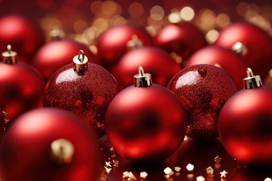 Christmas background with red baubles on bokeh background, Ai Generated