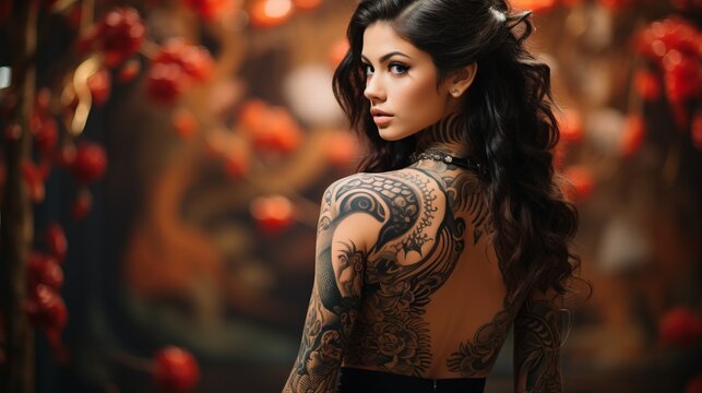A woman with yakuza style tattoos. dangerous people, concept: girls in the mafia and criminal gangs of Japan.