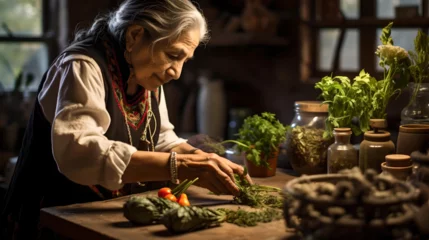 Fotobehang Mexican healer preparing her herbal infusions to heal a patient, natural medicine, local culture and Latin American tradition, Mexican shaman © Juan Gumin