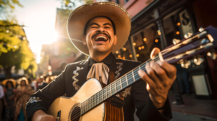 Mexican mariachi singing and playing a serenade in the streets of Jalizco, Mexico. Latin American local tradition and culture