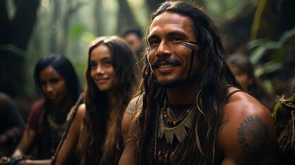 Polynesian tribe, Maori people. Village life in a picturesque area with dense vegetation and rivers. Concept: Tourist area in wild places - obrazy, fototapety, plakaty