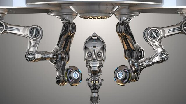Futuristic robot head under construction by mechanical assembly arms. Cyber factory isolated on color background. 3d rendering animation with alpha
