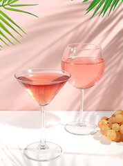 Modern still life with white wine and grapes, alcoholic cocktail, martini or margarita on elegant modern background, minimal concept for bar and holiday party, cafe, advertising banner, 