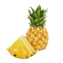 Whole tropical pineapple and sliced pineapple. Fresh уellow ripe mellow fruit on white background. Realistic 3d isolated vector illustration eps10