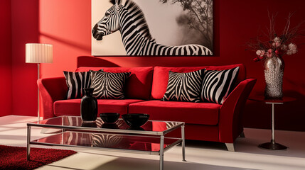 Stylish living room interior with red sofa, table and lamp, funky black and white zebra design and high contrast. Beautiful unique home design expressing individuality and creativity.