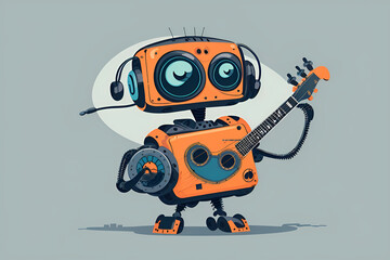 Illustration of a music-loving robot rocking out with a guitar and headphones, showcasing the creativity of AI in music, Created with Generative AI Technology