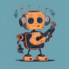 Illustration of a futuristic AI robot playing a guitar surrounded by floating music notes, showcasing the creativity of AI in music, Created with Generative AI Technology