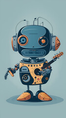 Illustration of a music-playing robot rocking out with a guitar and wearing headphones, showcasing the creativity of AI in music, Created with Generative AI Technology