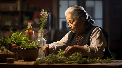 Mexican healer preparing her herbal infusions to heal a patient, natural medicine, local culture and Latin American tradition, Mexican shaman