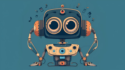 Illustration of a music-inspired AI robot with notes floating around its eyes, showcasing the creativity of AI in music, Created with Generative AI Technology