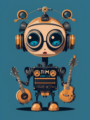 Illustration of a futuristic AI robot rocking out with two guitar and headphones, showcasing the creativity of AI in music, Created with Generative AI Technology