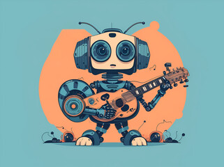 Illustration of a robot playing the guitar with headphones on, creating musical melodies with AI precision, Created with Generative AI Technology