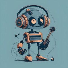 Illustration of a futuristic robot playing an electric guitar with headphones on, showcasing the creativity of AI in music, Created with Generative AI Technology