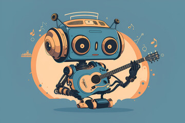 Illustration of a blue music AI robot playing a guitar surrounded by colorful music notes, showcasing the creativity of AI in music, Created with Generative AI Technology