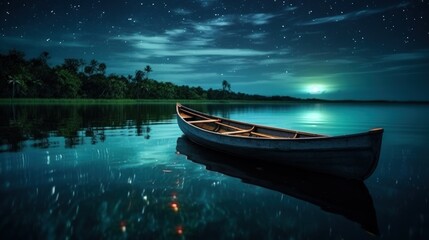 An empty boat on a calm lake at night