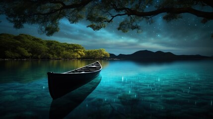 An empty boat on a calm lake at night