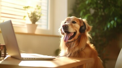 A happy golden retriever dog looks at a laptop in front of him at home