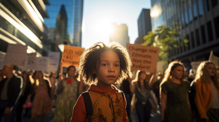 Little boy poses in front of a crowd protesting climate change - obrazy, fototapety, plakaty